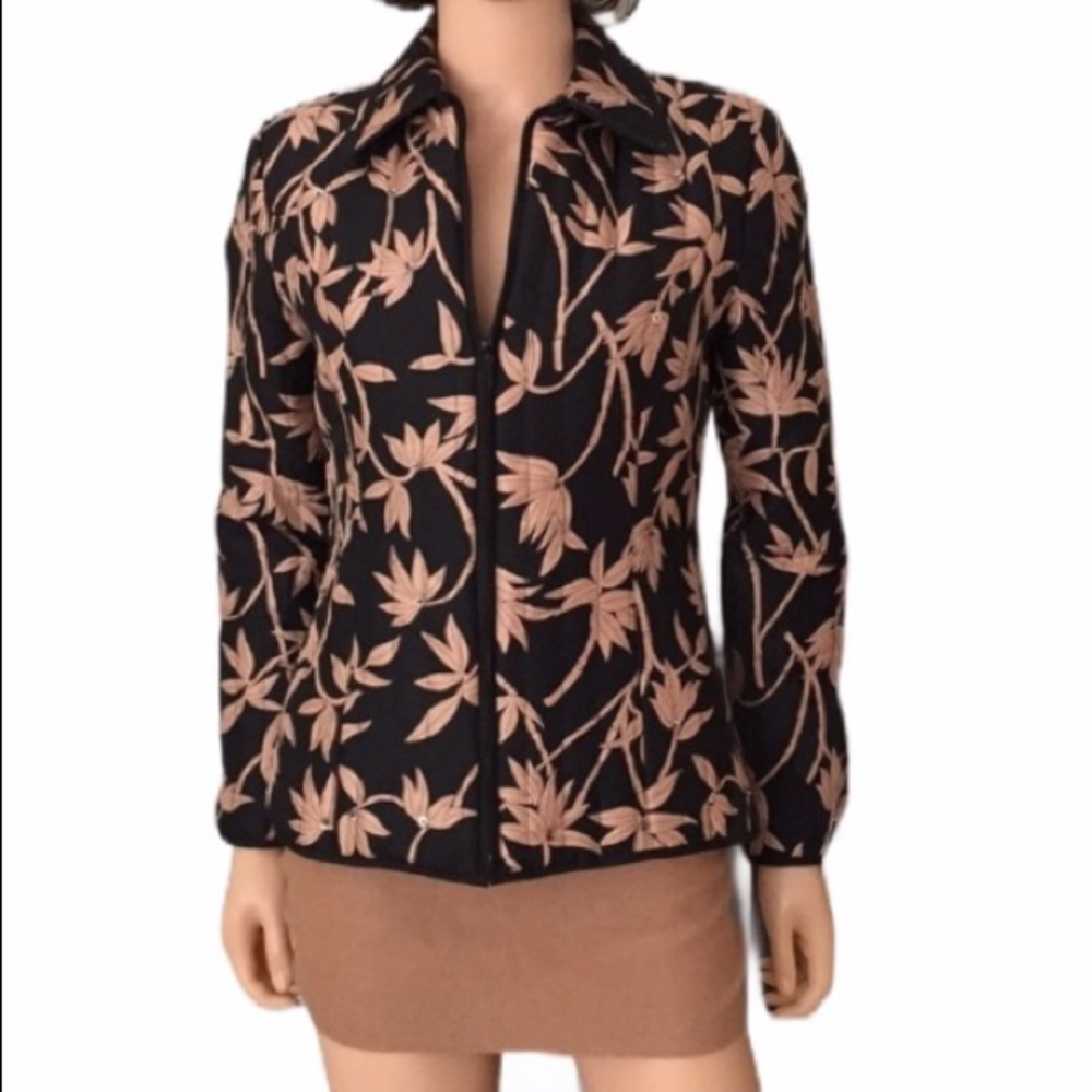 Anne Carson 100% Silk Black n Tan Floral Zipper Jacket